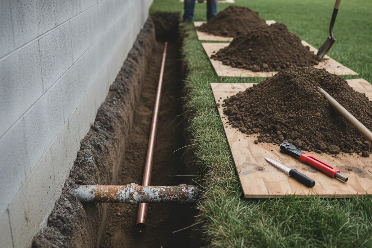 Excavated water line trench during Water Softener Installation in Kellogg